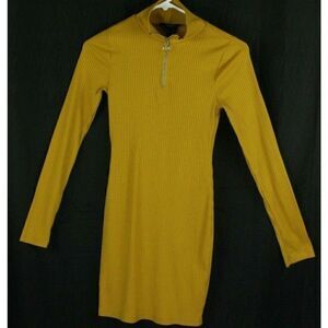 Forever 21 Ribbed Knit Dress Zipper Long Sleeves Yellow Bodycon JUNIORS Small